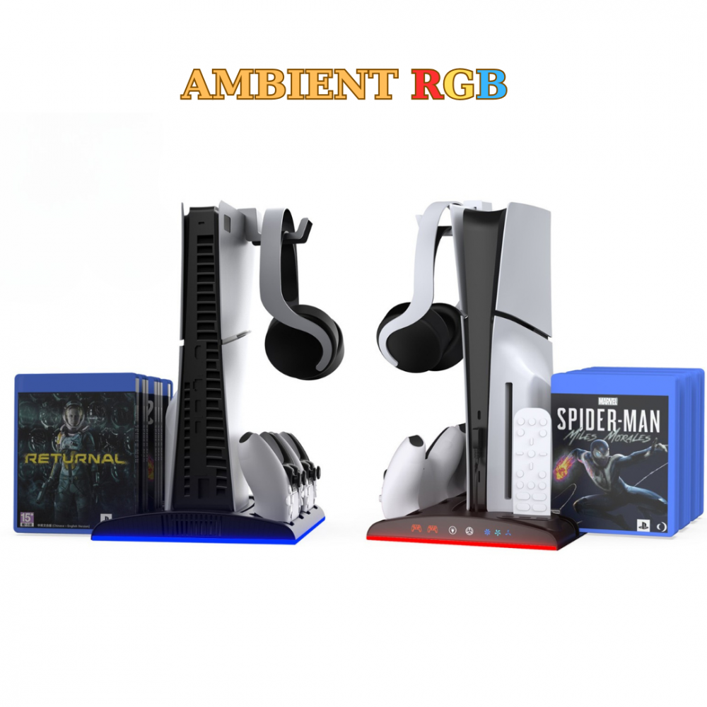 Stand racire incarcare vertical Ps5 OnXsmart®, 5 in 1 multifunctional, Incarcare dubla controllere, Dubla Racire, RGB, Afisaj LED, 13 Sloturi suport jocuri, suport casti, compatibilitate PS5 SLIM, DIG [5]