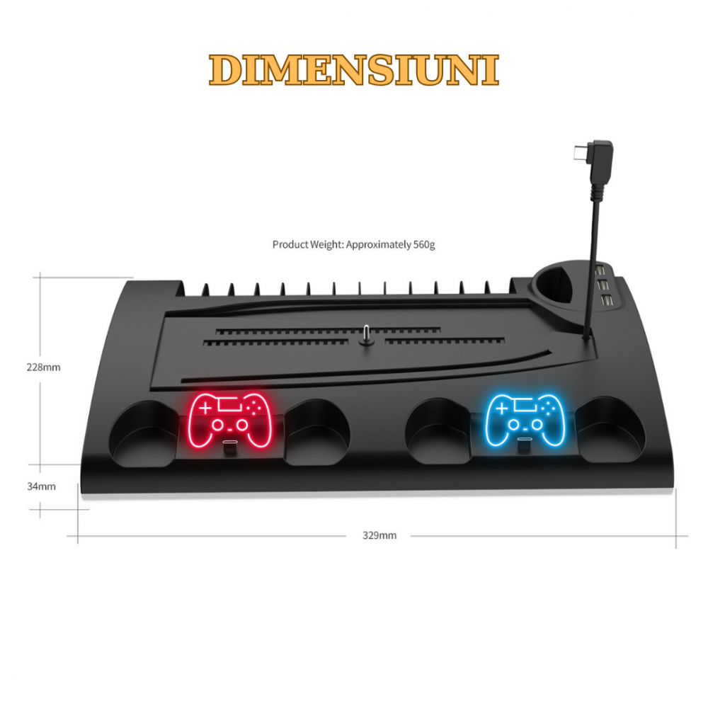Stand racire incarcare vertical Ps5 OnXsmart®, 5 in 1 multifunctional, Incarcare dubla controllere, Dubla Racire, RGB, Afisaj LED, 13 Sloturi suport jocuri, suport casti, compatibilitate PS5 SLIM, DIG [3]