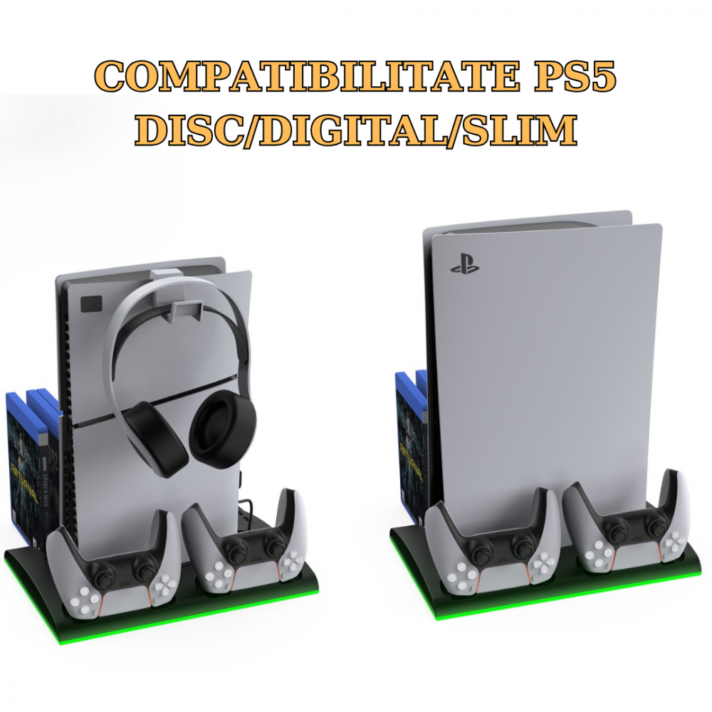 Stand racire incarcare vertical Ps5 OnXsmart®, 5 in 1 multifunctional, Incarcare dubla controllere, Dubla Racire, RGB, Afisaj LED, 13 Sloturi suport jocuri, suport casti, compatibilitate PS5 SLIM, DIG [4]