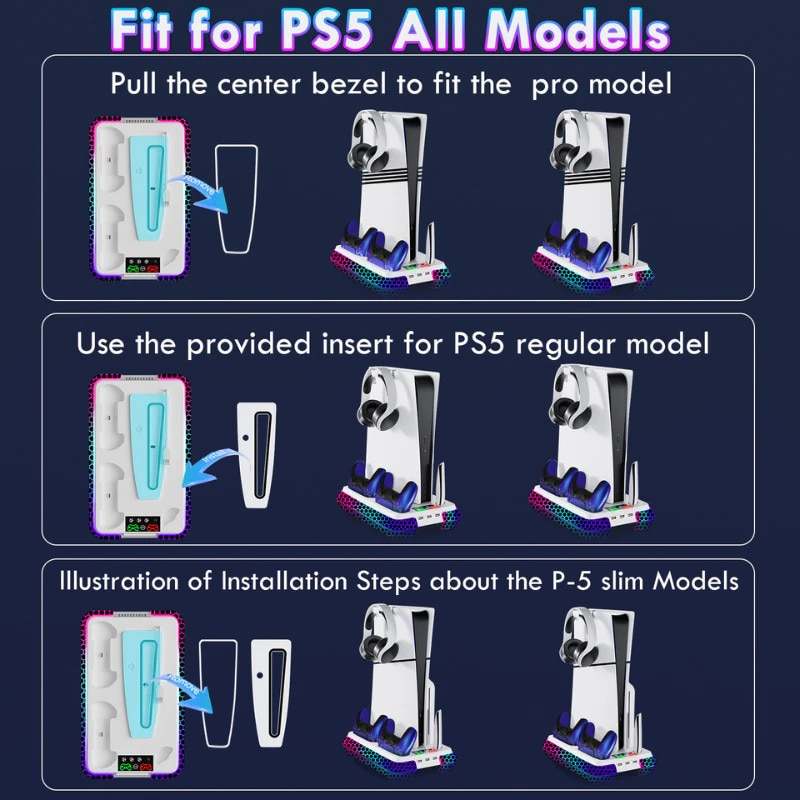 Stand racire si incarcare PS5 OnXsmart®, 4 in 1 multifunctional, fast charge 3H, suport 2 controllere, casti telecomanda, 3 HUB USB, lumina RGB, compatibil PS5/PS5 Slim/Pro, model Pian [7]