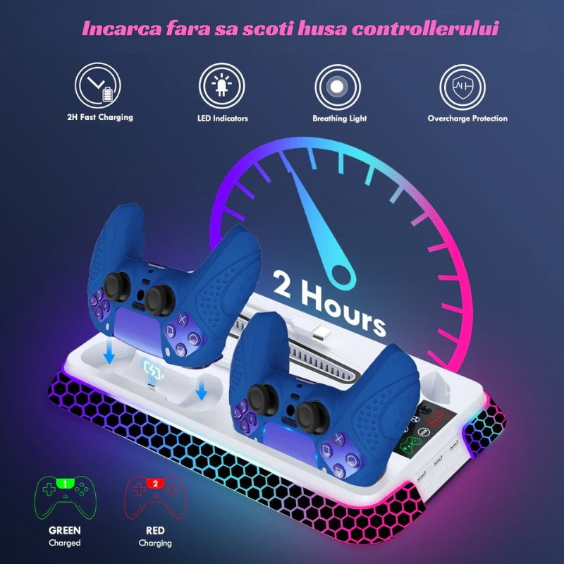 Stand racire si incarcare PS5 OnXsmart®, 4 in 1 multifunctional, fast charge 3H, suport 2 controllere, casti telecomanda, 3 HUB USB, lumina RGB, compatibil PS5/PS5 Slim/Pro, model Pian [4]