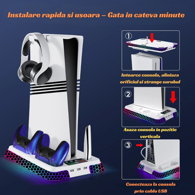 Stand racire si incarcare PS5 OnXsmart®, 4 in 1 multifunctional, fast charge 3H, suport 2 controllere, casti telecomanda, 3 HUB USB, lumina RGB, compatibil PS5/PS5 Slim/Pro, model Pian [5]
