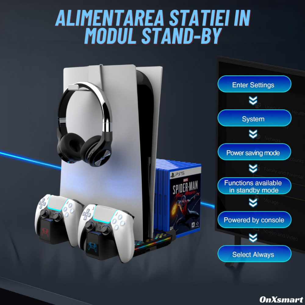 Stand racire si incarcare Ps5 OnXsmart®, 5 in 1 multifunctional, fast charge, 14 Sloturi suport jocuri, suport casti, compatibilitate PS5 SLIM, DIGITAL si DISC, conectare usb, NEGRU [3]