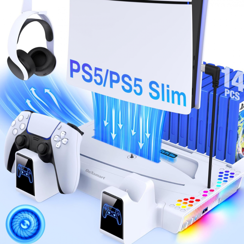 Stand racire si incarcare Ps5 OnXsmart®, 5 in 1 multifunctional, fast charge, 14 Sloturi suport jocuri, suport casti, compatibilitate PS5 SLIM, DIGITAL si DISC, conectare usb, Alb [2]