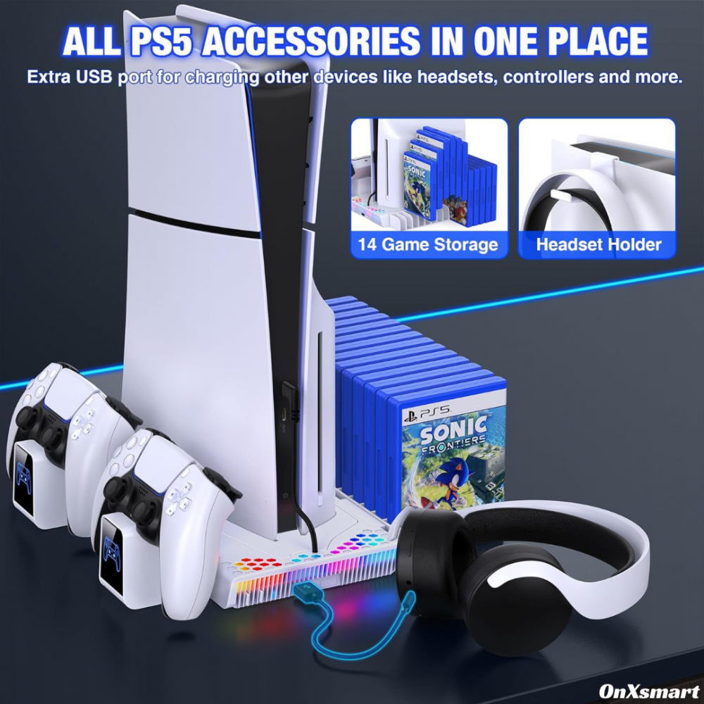Stand racire si incarcare Ps5 OnXsmart®, 5 in 1 multifunctional, fast charge, 14 Sloturi suport jocuri, suport casti, compatibilitate PS5 SLIM, DIGITAL si DISC, conectare usb, Alb [9]