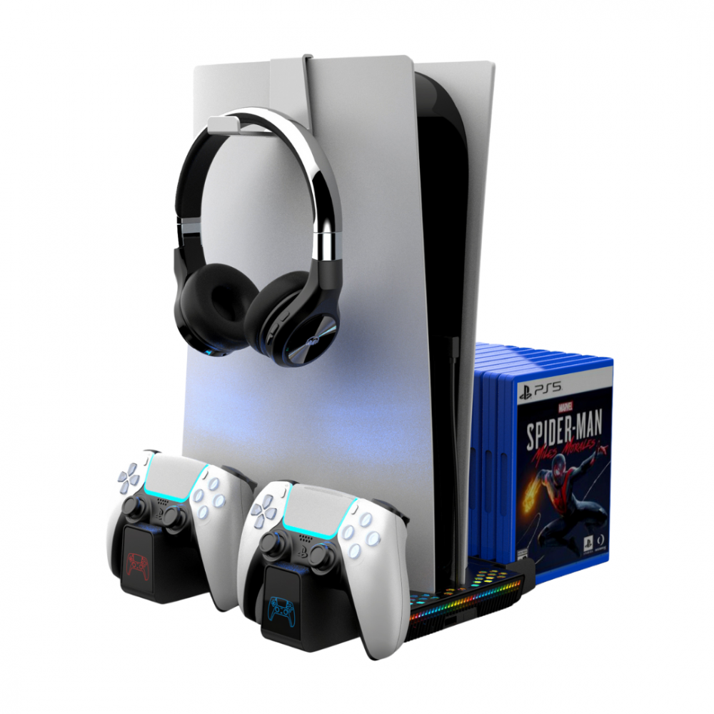 Stand racire si incarcare Ps5 OnXsmart®, 5 in 1 multifunctional, fast charge, 14 Sloturi suport jocuri, suport casti, compatibilitate PS5 SLIM, DIGITAL si DISC, conectare usb, NEGRU [1]