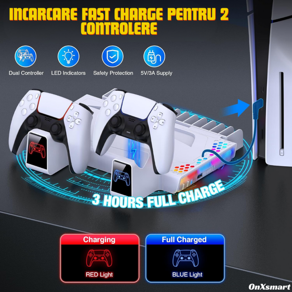 Stand racire si incarcare Ps5 OnXsmart®, 5 in 1 multifunctional, fast charge, 14 Sloturi suport jocuri, suport casti, compatibilitate PS5 SLIM, DIGITAL si DISC, conectare usb, Alb [6]