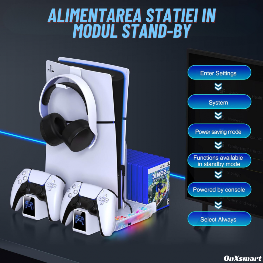 Stand racire si incarcare Ps5 OnXsmart®, 5 in 1 multifunctional, fast charge, 14 Sloturi suport jocuri, suport casti, compatibilitate PS5 SLIM, DIGITAL si DISC, conectare usb, Alb [8]
