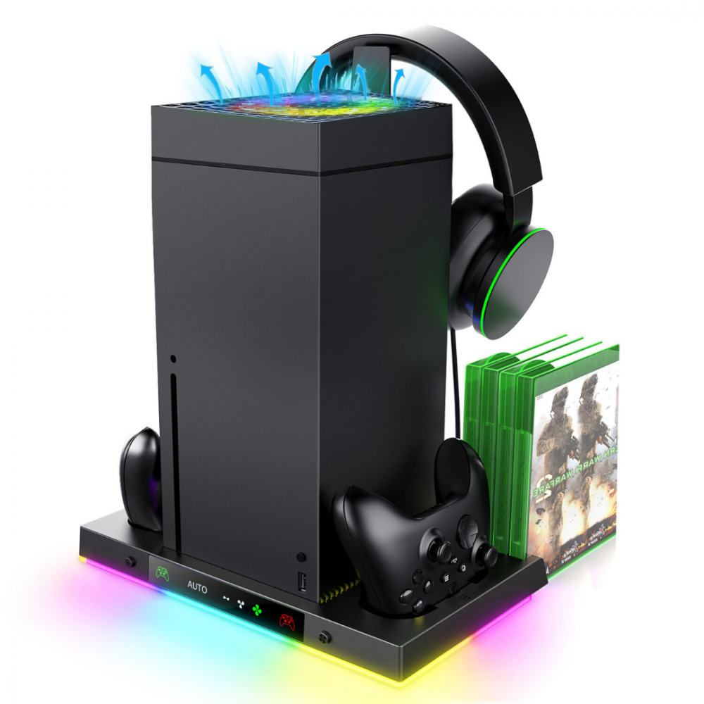 Statie suport pentru Xbox Series X OnXsmart, Ventilator de racire pe partea superioara, incarcare controllere rapid, suport pentru casti si spatiu pentru depozitarea jocurilor, culoare neagra [1]