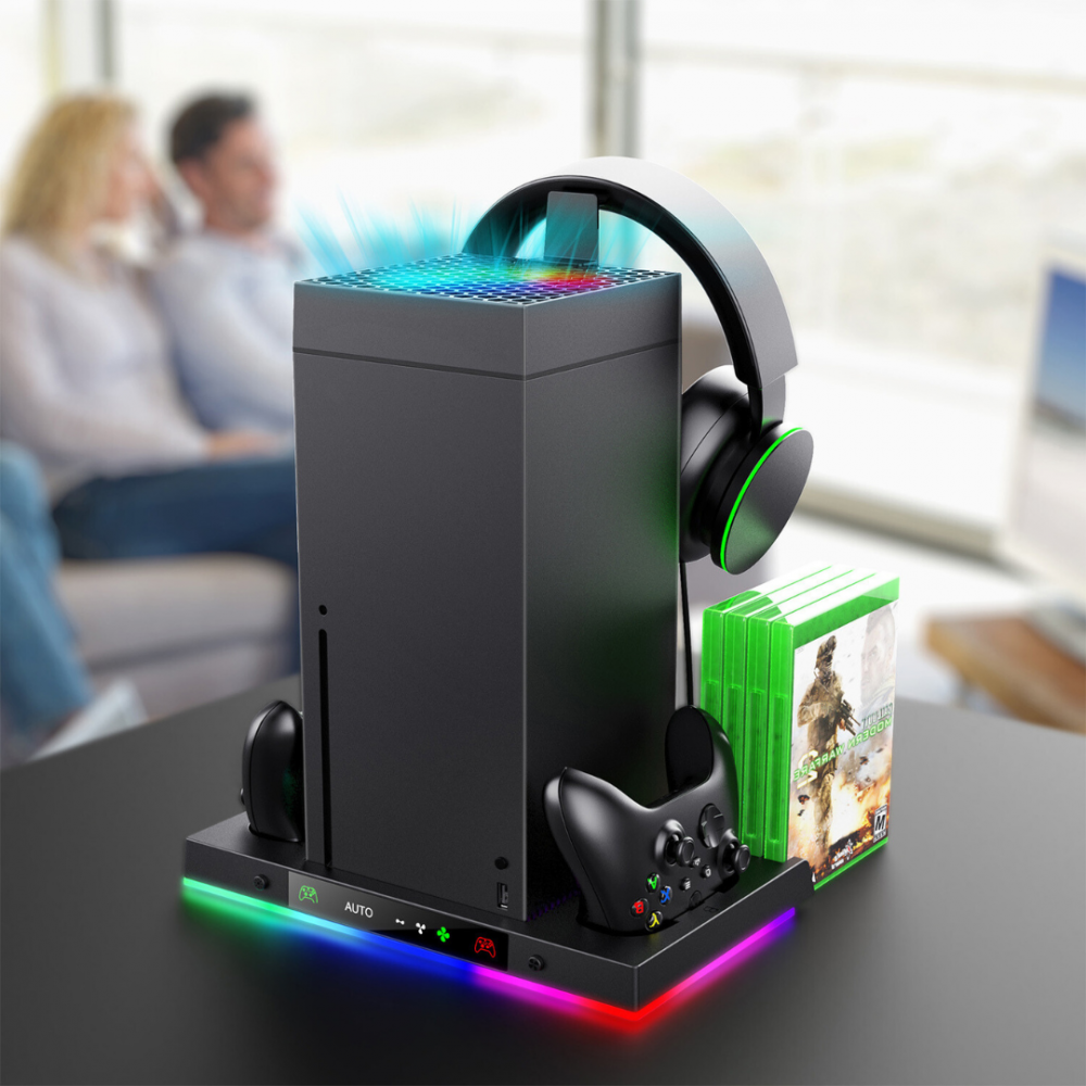 Statie suport pentru Xbox Series X OnXsmart, Ventilator de racire pe partea superioara, incarcare controllere rapid, suport pentru casti si spatiu pentru depozitarea jocurilor, culoare neagra [6]
