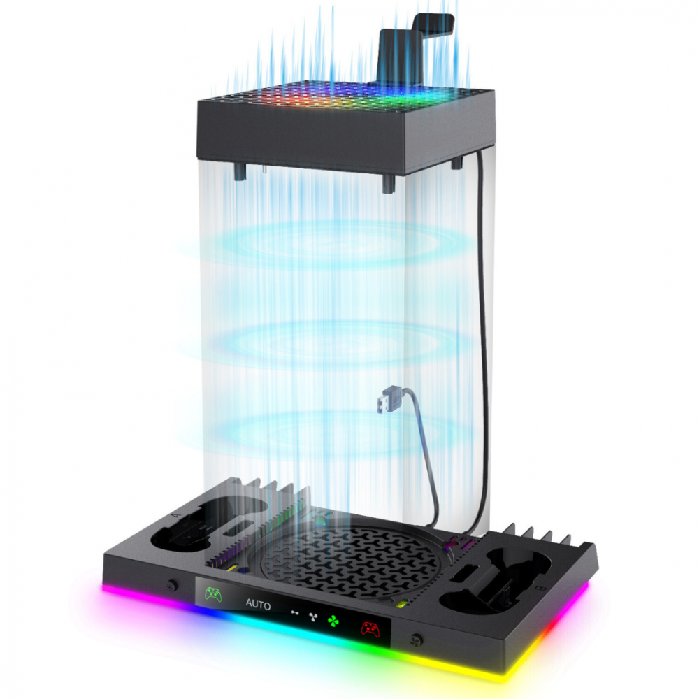 Statie suport pentru Xbox Series X OnXsmart, Ventilator de racire pe partea superioara, incarcare controllere rapid, suport pentru casti si spatiu pentru depozitarea jocurilor, culoare neagra [5]