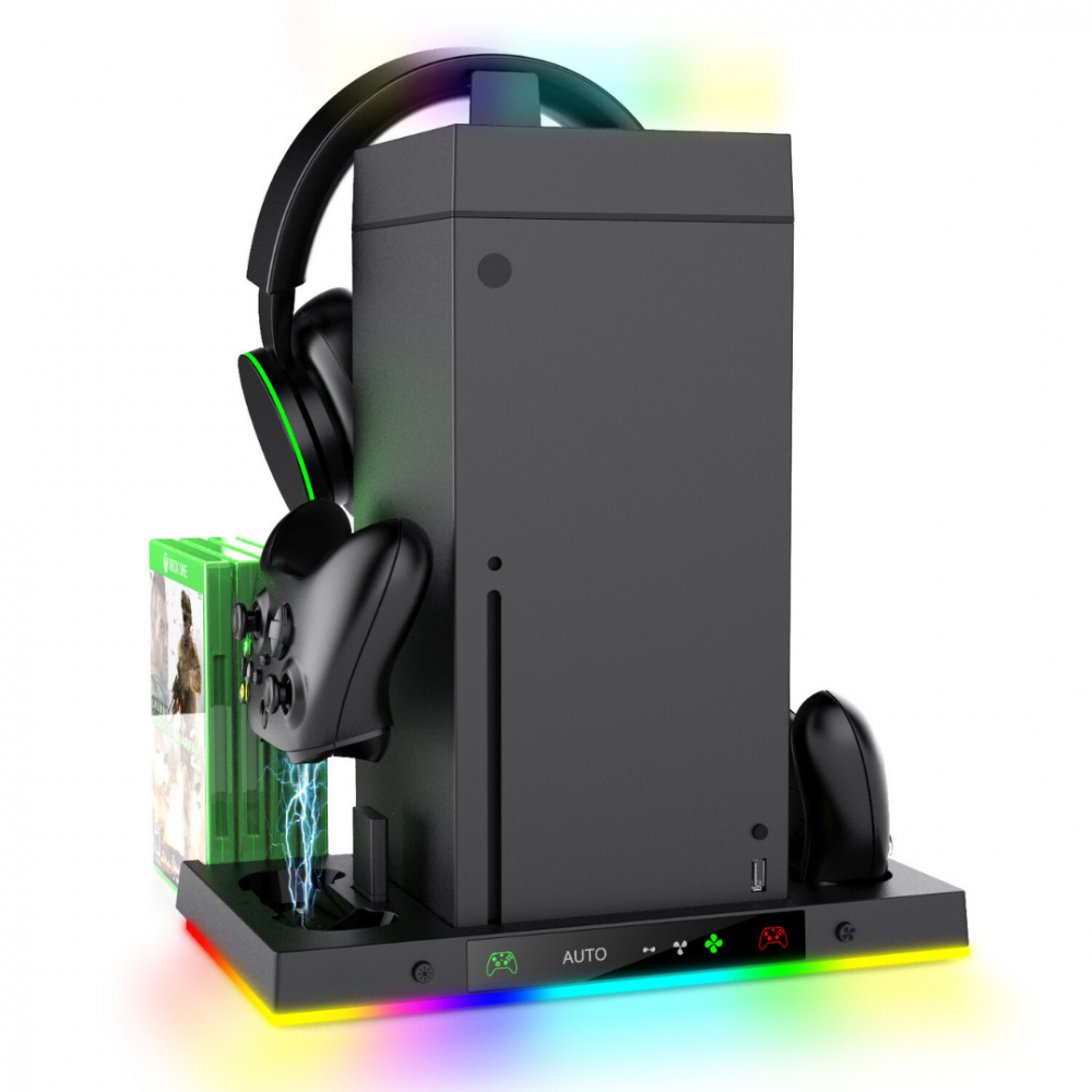 Statie suport pentru Xbox Series X OnXsmart, Ventilator de racire pe partea superioara, incarcare controllere rapid, suport pentru casti si spatiu pentru depozitarea jocurilor, culoare neagra [2]