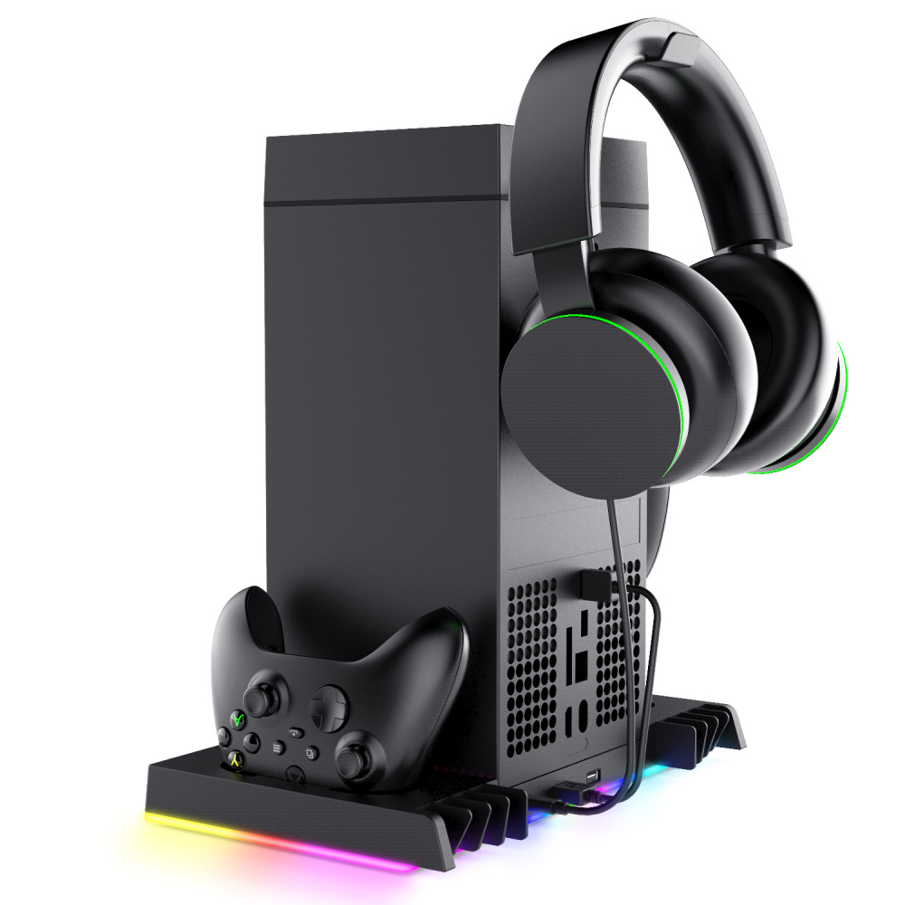 Statie suport pentru Xbox Series X OnXsmart, Ventilator de racire pe partea superioara, incarcare controllere rapid, suport pentru casti si spatiu pentru depozitarea jocurilor, culoare neagra [4]