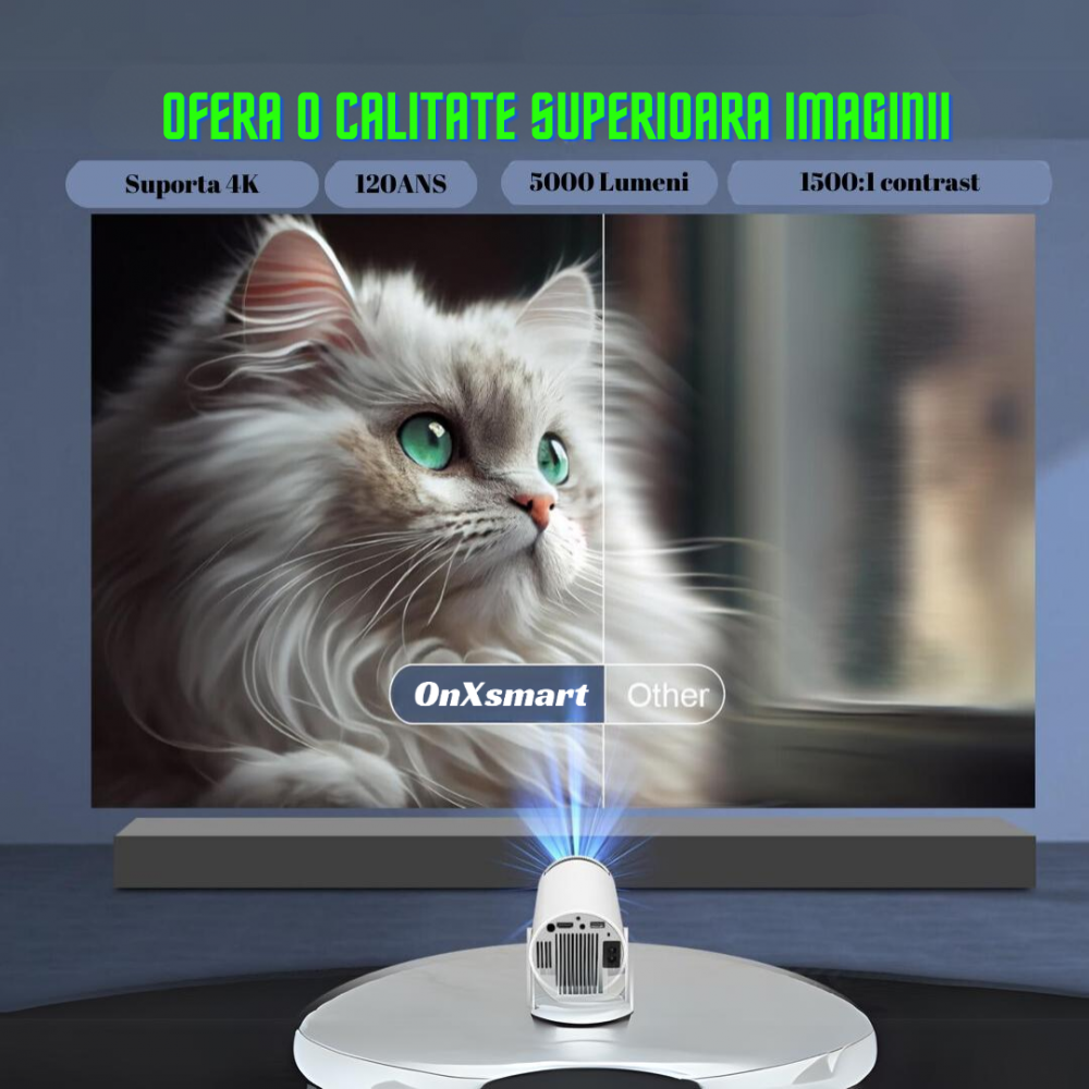 Videoproiector Portabil OnXsmart®, proiectie Smart cu sistem Android 11 incorporat, Instalare aplicatii, suport 4K Ultra HD,  WiFi6 dual, Difuzor Incorporat, Autofocus, Bluetooth 5.0, conexiune HDMI, [2]