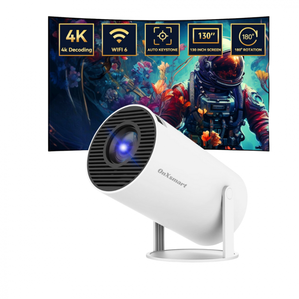 Videoproiector Portabil OnXsmart®, proiectie Smart cu sistem Android 11 incorporat, Instalare aplicatii, suport 4K Ultra HD,  WiFi6 dual, Difuzor Incorporat, Autofocus, Bluetooth 5.0, conexiune HDMI, [1]