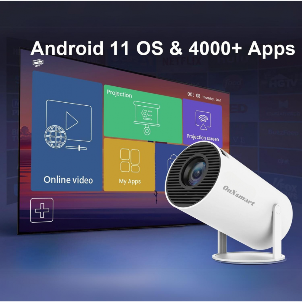 Videoproiector Portabil OnXsmart®, proiectie Smart cu sistem Android 11 incorporat, Instalare aplicatii, suport 4K Ultra HD,  WiFi6 dual, Difuzor Incorporat, Autofocus, Bluetooth 5.0, conexiune HDMI, [3]