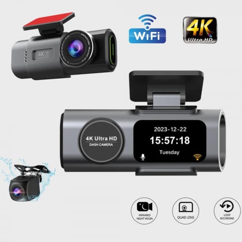 Auto - Camera auto de bord DVR OnXsmart® 4K UHD 2160P + 1080P, inregistrare dubla fata si marsarier, GPS, Aplicatie mobila, Loop recording, Nightvision, G-Sensor, Instructiuni vocale, Unghi filmare 170°, Car