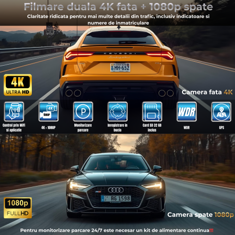 Camera Auto DVR OnXsmart 4K UHD, GPS, WiFi, Fata si Spate, Night Vision [1]