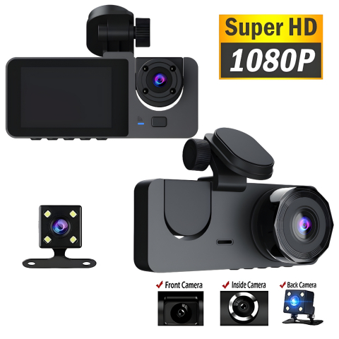 Auto - Camera de bord auto DVR tripla OnXsmart®, 1080P Full-HD, Ecran IPS 2.35" Unghi filmare 170°, Starlight NIGHT VISION, WDR, Detectarea miscarii, G-senzor, Loop recording, Card SD 32gb inclus
