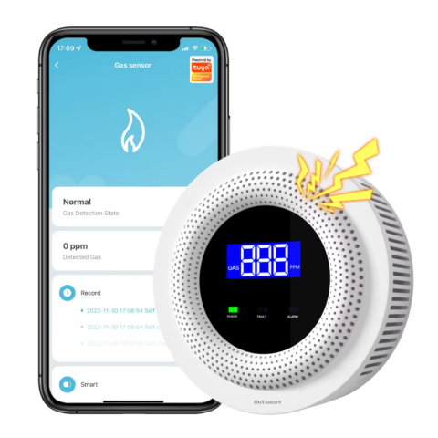 Pentru casa ta - Detector de Gaz OnXsmart®, Multiple tipuri de gaz, Wifi 2.4G, Alarme prin aplicatia Tuya, Senzor de temperatura, Afisaj LCD al concentratiei, alimentare la priza, foarte precis, alb