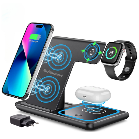 Incarcator wireless OnXsmart®, Statie incarcare 3 in 1, Incarcare rapida QI 15W, UNIVERSAL, Adaptor inclus, Compatibil cu SAMSUNG, IPHONE, APPLE WATCH, AIRPODS, Negru [0]