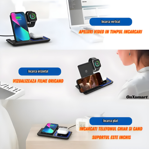 Incarcator wireless OnXsmart®, Statie incarcare 3 in 1, Incarcare rapida QI 15W, UNIVERSAL, Adaptor inclus, Compatibil cu SAMSUNG, IPHONE, APPLE WATCH, AIRPODS, Negru [8]