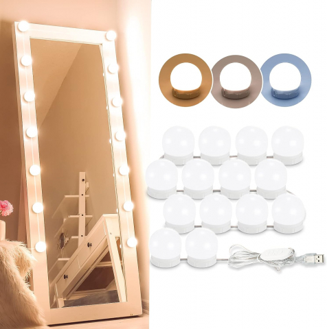 Pentru casa ta - Kit 14 Becuri LED OnXsmart® pentru Oglinda Make-Up, Stil Hollywood, 3 Moduri de Iluminare pentru un Machiaj Perfect, Vanity LED Mirror, incarcare USB