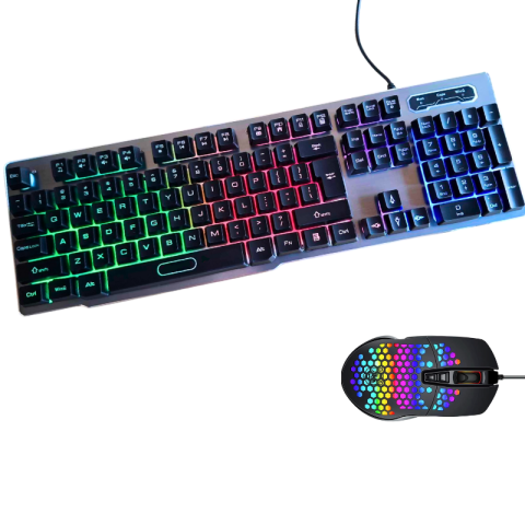 Periferice PC - Kit Gaming Tastatura mecanica si Mouse RGB, Design Fagure, Ultra Usor, DPI Reglabil, Iluminare Multicolora, Anti-Alunecare, Silver