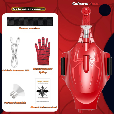 Lansator ventuze cu manusa tip Spider-Man, OnXsmart®, tragere pana la 3m, revenire automata, jucarie interactiva cu prindere pe mana, set complet erou, cadou pentru copii 3+ ani, ROSU [4]