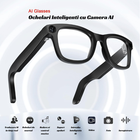 Ochelari Smart OnXsmart® cu AI integrat, Sony Camera 800W HD, Filmare 1080P, Traducere in Timp Real, Asistent Vocal, Audio Open-Ear, Lentile Inter-Schimbabile (Clear + Soare) – Ideali de Calatorii, Bu [1]