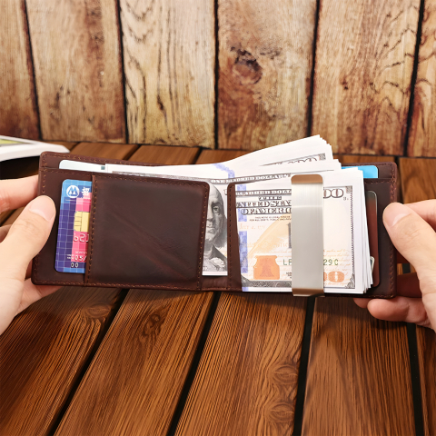 Portofel barbati din piele naturala OnXsmart®, Agrafa pentru bani, Buzunar Apple Air Tag, Super slim, suport bifold pentru card de credit cu protectie RFID, ciocolatiu [5]