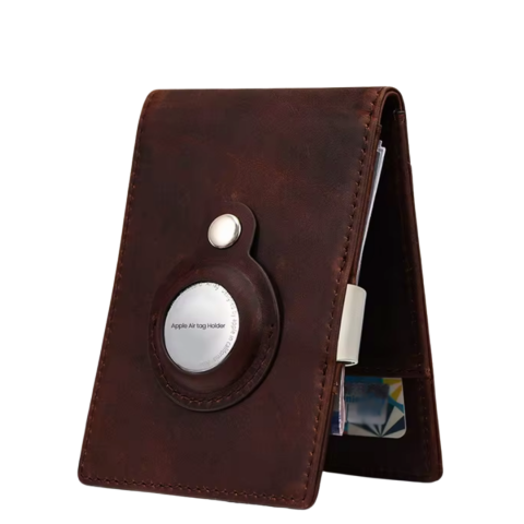 Articole piele naturala - Portofel barbati din piele naturala OnXsmart®, Agrafa pentru bani, Buzunar Apple Air Tag, Super slim, suport bifold pentru card de credit cu protectie RFID, ciocolatiu