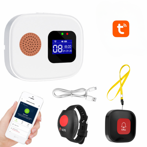 Alarme & accesorii - Set Ceas de panica cu buton SOS sirena locala OnXsmart, Afisaj Digital, Conectare WIFI aplicatia Tuya si SmartLife, Compatibil cu amazon alexa si Google Assistant, Notificari pe telefon, Distanta 100m
