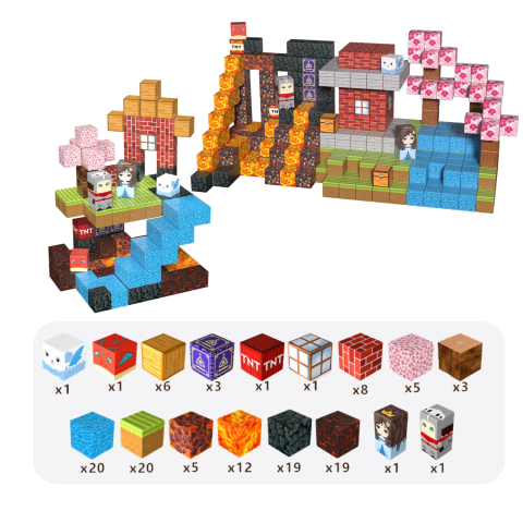 Pentru Copii - Set de Constructie de tip Minecraft Magnetic OnXsmart®, 128 Piese, Cuburi Mari 25 mm, Asamblare Magnetica 3D, Tip Minecraft, Activitati Senzoriale, Educativ si Creativ, STEM, BPA Free, 3 ani+, Multico