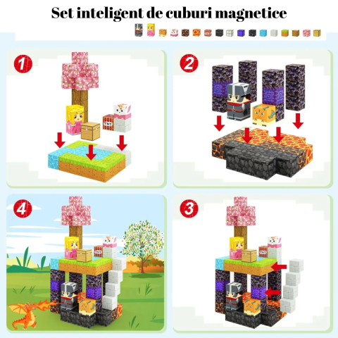 Set de Constructie de tip Minecraft Magnetic OnXsmart®, 128 Piese, Cuburi Mari 25 mm, Asamblare Magnetica 3D, Tip Minecraft, Activitati Senzoriale, Educativ si Creativ, STEM, BPA Free, 3 ani+, Multico [1]