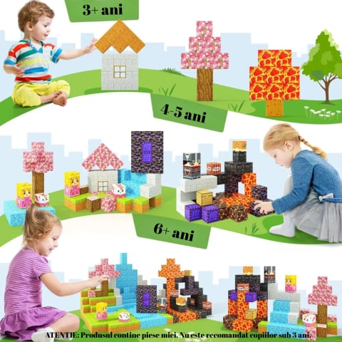 Set de Constructie de tip Minecraft Magnetic OnXsmart®, 128 Piese, Cuburi Mari 25 mm, Asamblare Magnetica 3D, Tip Minecraft, Activitati Senzoriale, Educativ si Creativ, STEM, BPA Free, 3 ani+, Multico [4]