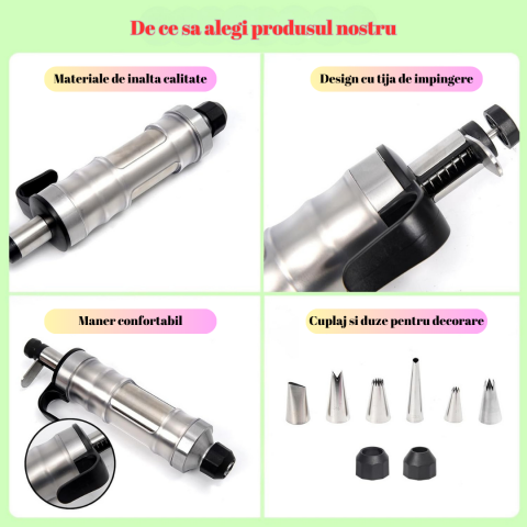 Set seringa ornat profesionala din otel inoxidabil OnXsmart®, decorare Prajituri Torturi Briose, 6 duze cu 2 cuplaje, 8 forme briose, Negru [4]