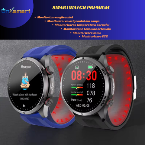 Smartwatch OnXsmart Health Pro – ECG, asistent vocal AI, tensiune cu airbag, glicemie non-invaziva, oxigen, puls, temperatura, grasimi, apel Bluetooth, NFC, AMOLED, control camera, meteo, autonomie 10 [1]