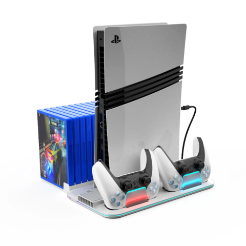 Accesorii console gaming - Stand racire incarcare vertical Ps5 OnXsmart®, 5 in 1 multifunctional, Incarcare dubla controllere, Dubla Racire, 15 Sloturi suport jocuri, suport casti, compatibilitate PS5 SLIM, DIGITAL si DISC, con