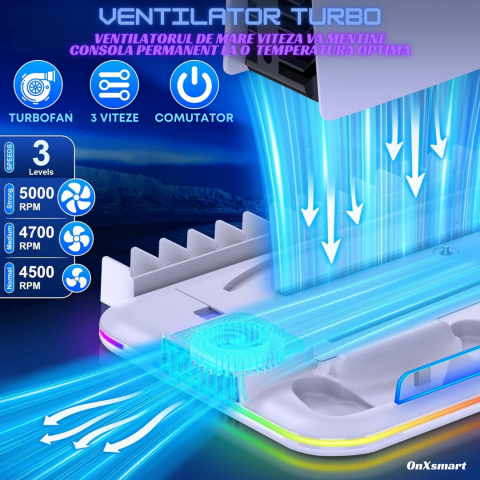 Stand racire incarcare vertical Ps5 OnXsmart®, 5 in 1 multifunctional, Incarcare dubla controllere, Dubla Racire, 15 Sloturi suport jocuri, suport casti, compatibilitate PS5 SLIM, DIGITAL si DISC, con [6]