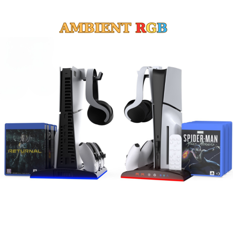 Stand racire incarcare vertical Ps5 OnXsmart®, 5 in 1 multifunctional, Incarcare dubla controllere, Dubla Racire, RGB, Afisaj LED, 13 Sloturi suport jocuri, suport casti, compatibilitate PS5 SLIM, DIG [4]