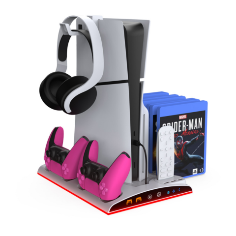 Accesorii console gaming - Stand racire incarcare vertical Ps5 OnXsmart®, 5 in 1 multifunctional, Incarcare dubla controllere, Dubla Racire, RGB, Afisaj LED, 13 Sloturi suport jocuri, suport casti, compatibilitate PS5 SLIM, DIG