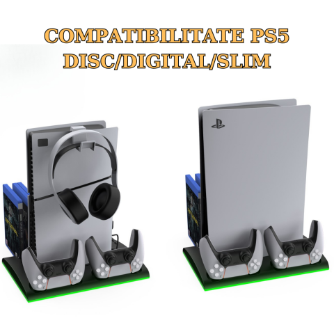 Stand racire incarcare vertical Ps5 OnXsmart®, 5 in 1 multifunctional, Incarcare dubla controllere, Dubla Racire, RGB, Afisaj LED, 13 Sloturi suport jocuri, suport casti, compatibilitate PS5 SLIM, DIG [3]