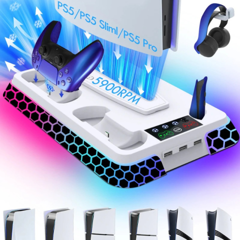 Stand racire si incarcare PS5 OnXsmart®, 4 in 1 multifunctional, fast charge 3H, suport 2 controllere, casti telecomanda, 3 HUB USB, lumina RGB, compatibil PS5/PS5 Slim/Pro, model Pian [7]