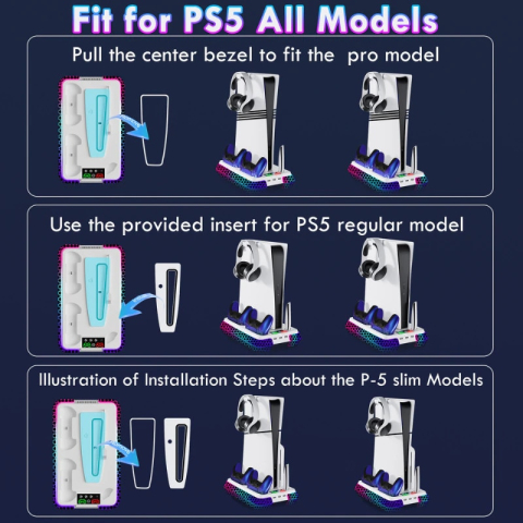 Stand racire si incarcare PS5 OnXsmart®, 4 in 1 multifunctional, fast charge 3H, suport 2 controllere, casti telecomanda, 3 HUB USB, lumina RGB, compatibil PS5/PS5 Slim/Pro, model Pian [6]