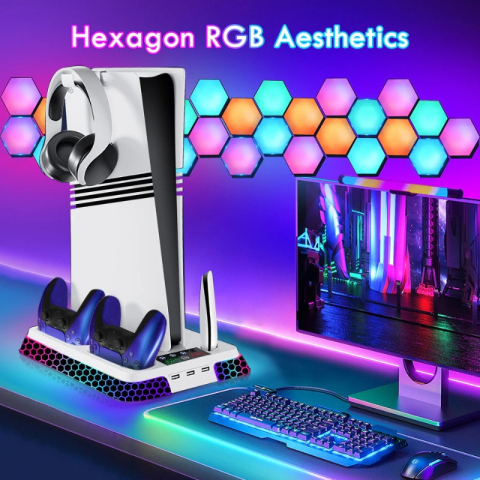 Stand racire si incarcare PS5 OnXsmart®, 4 in 1 multifunctional, fast charge 3H, suport 2 controllere, casti telecomanda, 3 HUB USB, lumina RGB, compatibil PS5/PS5 Slim/Pro, model Pian [5]