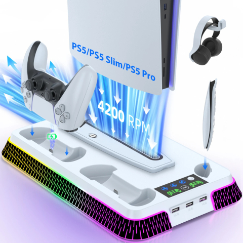 Accesorii console gaming - Stand racire si incarcare PS5 OnXsmart®, 4 in 1 multifunctional, fast charge 3H, suport 2 controllere, casti telecomanda, 3 HUB USB, lumina RGB, compatibil PS5/PS5 Slim/Pro, model Pian