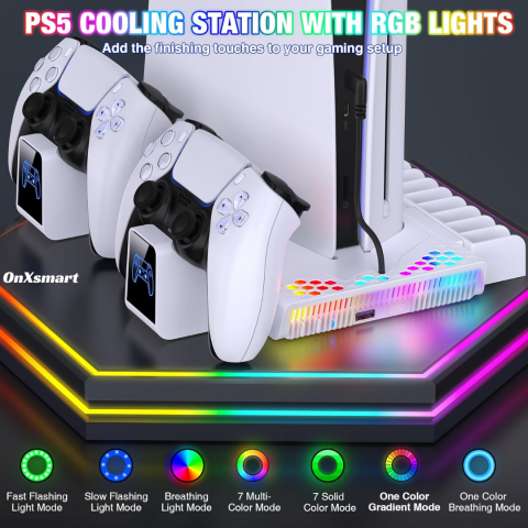 Stand racire si incarcare Ps5 OnXsmart®, 5 in 1 multifunctional, fast charge, 14 Sloturi suport jocuri, suport casti, compatibilitate PS5 SLIM, DIGITAL si DISC, conectare usb, Alb [4]