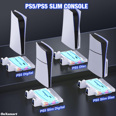 Stand racire si incarcare Ps5 OnXsmart®, 5 in 1 multifunctional, fast charge, 14 Sloturi suport jocuri, suport casti, compatibilitate PS5 SLIM, DIGITAL si DISC, conectare usb, Alb [2]