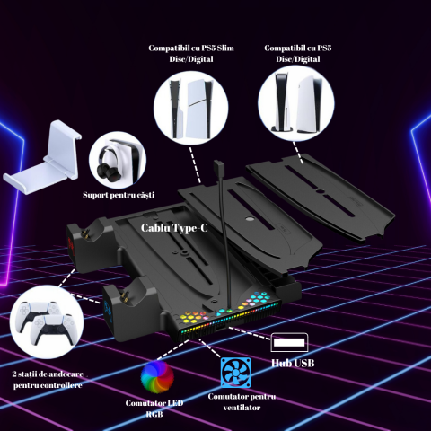 Stand racire si incarcare Ps5 OnXsmart®, 5 in 1 multifunctional, fast charge, 14 Sloturi suport jocuri, suport casti, compatibilitate PS5 SLIM, DIGITAL si DISC, conectare usb, NEGRU [1]